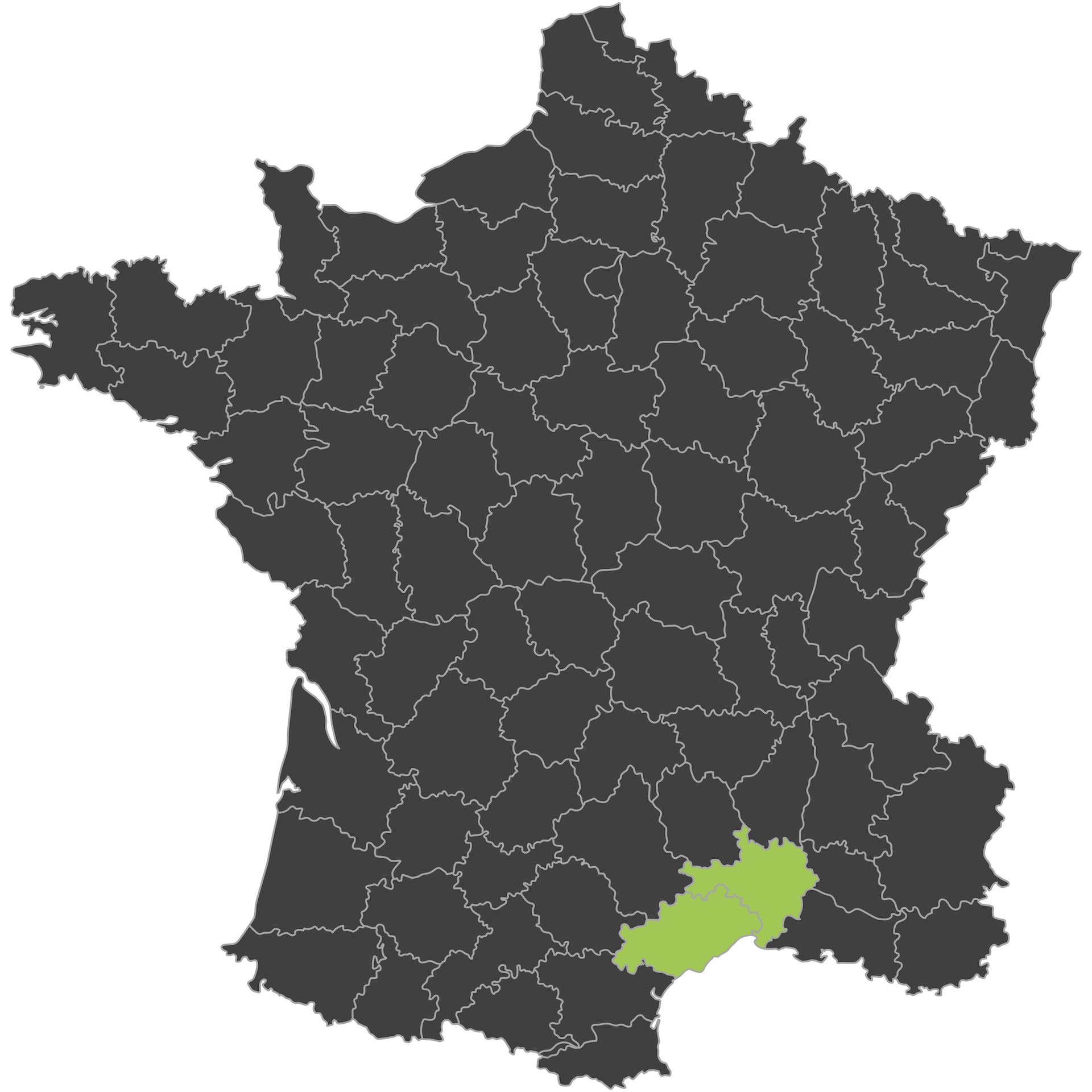 Carte de France grise où les départements de l'Hérault et du Gard sont verts pour réaliser des économies d'énergie dans ces départements.